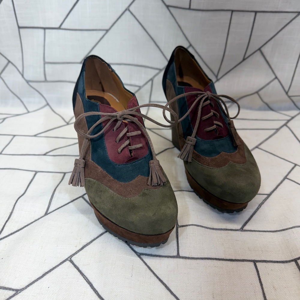 Earthies Skellig Platform Oxfords‎ 7.5B Dark Olive Multi Suede Colorblock Tassel
